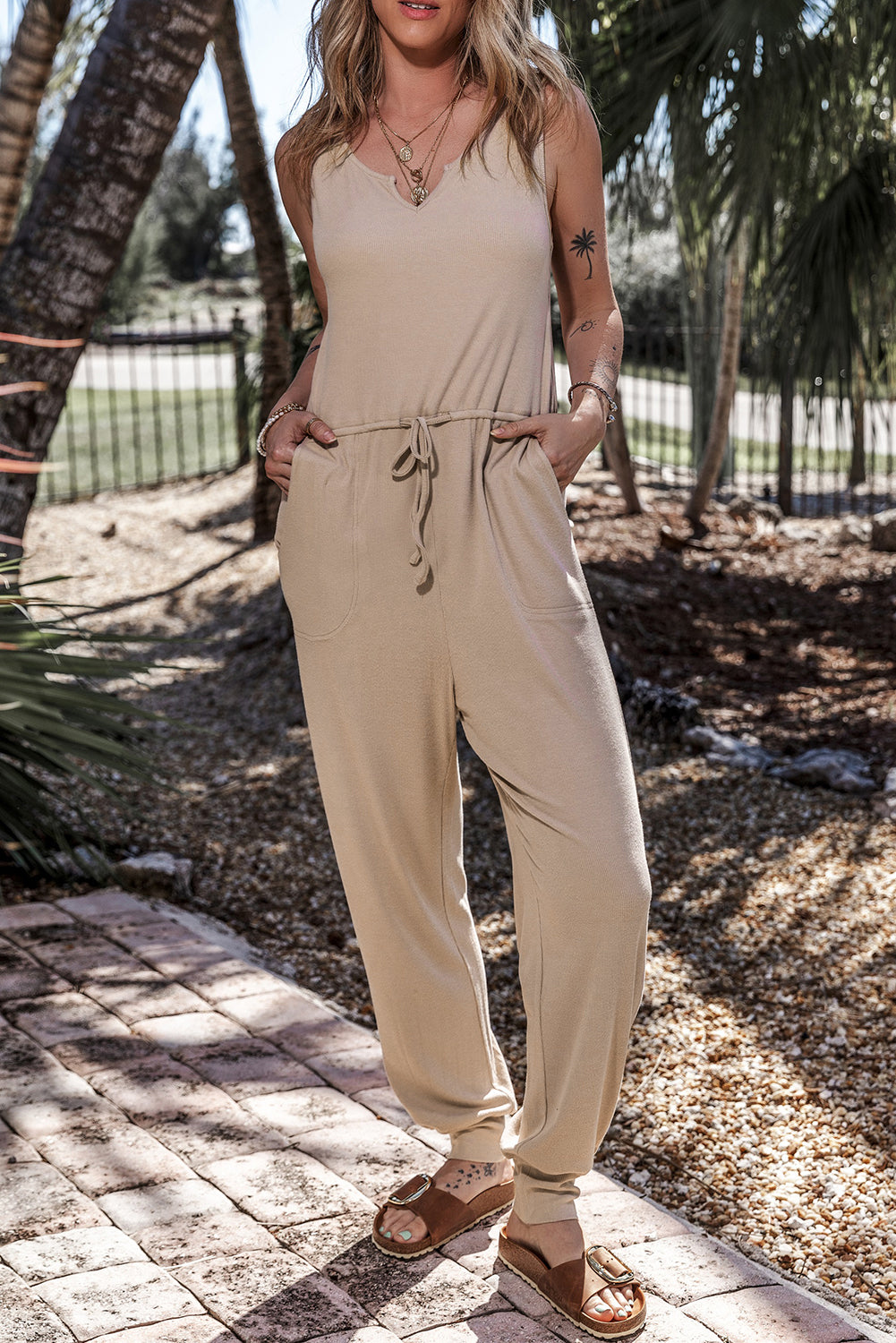 Drawstring Pockets Notched Neck Sleeveless Jogger Jumpsuit