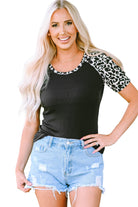 Black Leopard Color Block Cut Out Short Sleeve Top