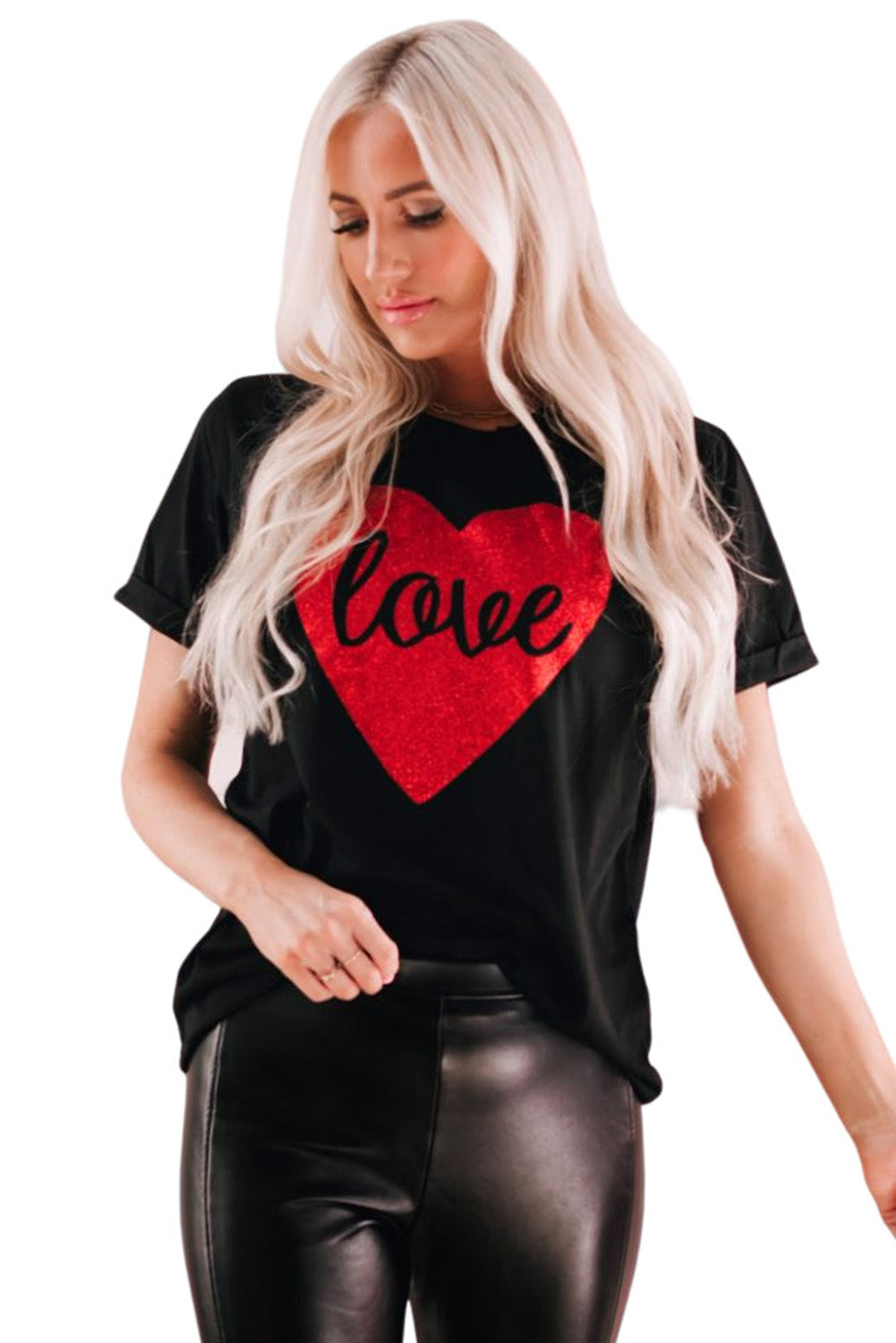 Love Heart Shaped Glitter Print T Shirt