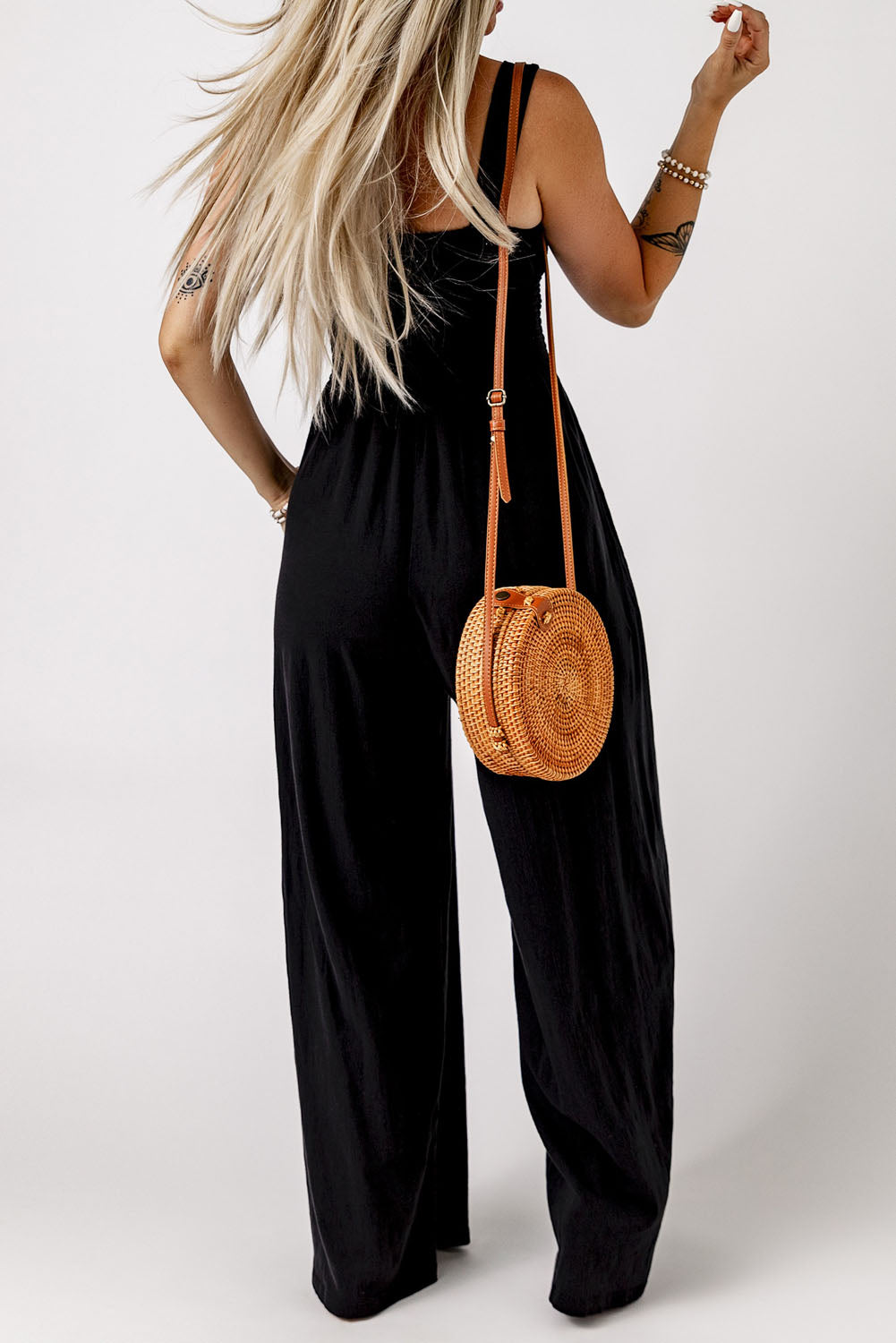 Smocked Sleeveless Wide Leg Jumpsuit with Pockets