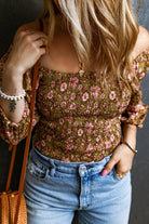 Floral Print Shirred 3/4 Sleeve Off Shoulder Blouse