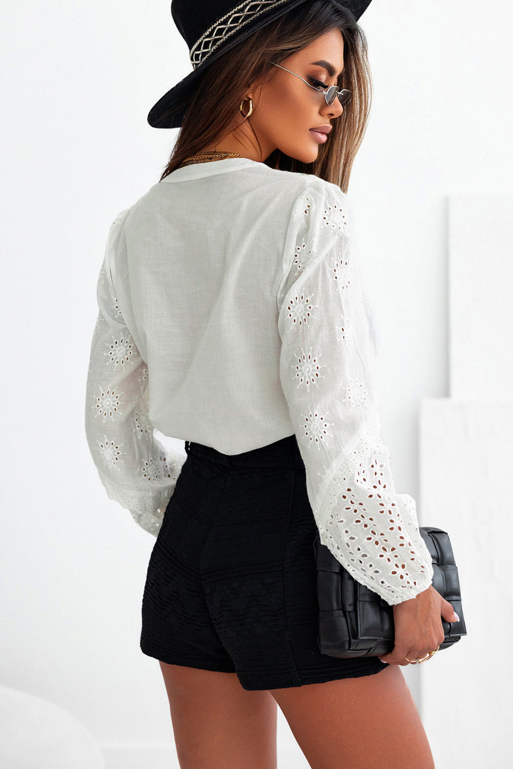 Eyelet Lace Puff Sleeve Split Neck Blouse