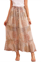 Boho Flower Print Smocked Waist Button Slit Maxi Skirt