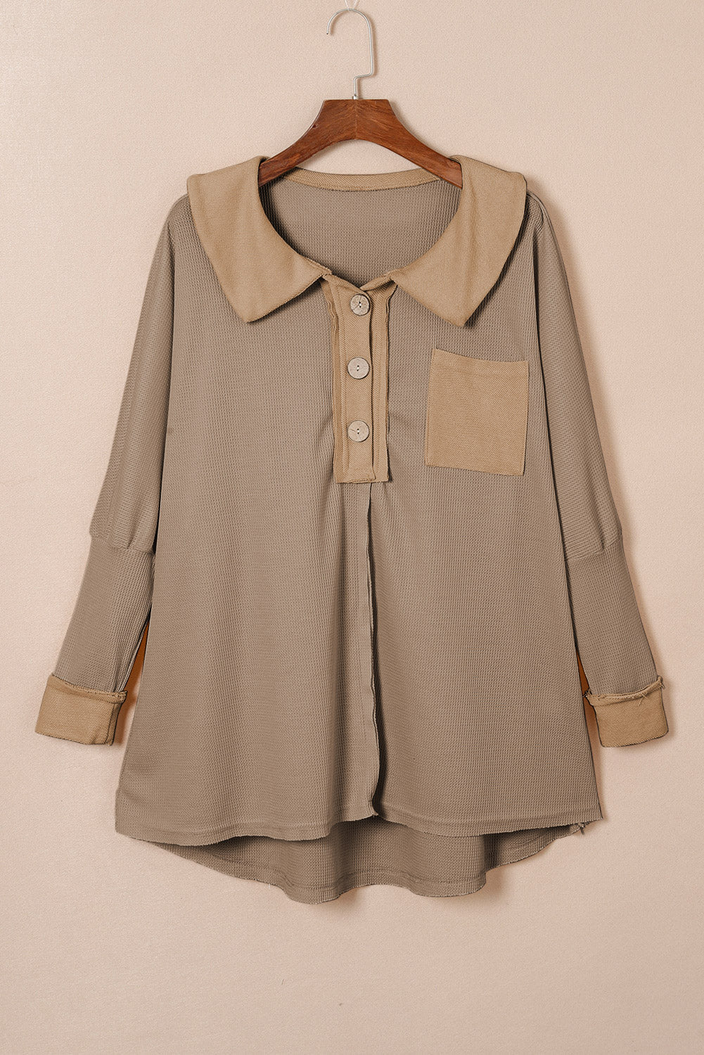 Waffle Knit Buttoned Long Sleeve Top