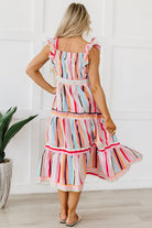 Rainbow Stripe Ruffles Ruched Tiered Dress