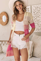 Ribbed Short Sleeve Ombre Eyelet Knitted Cardigan