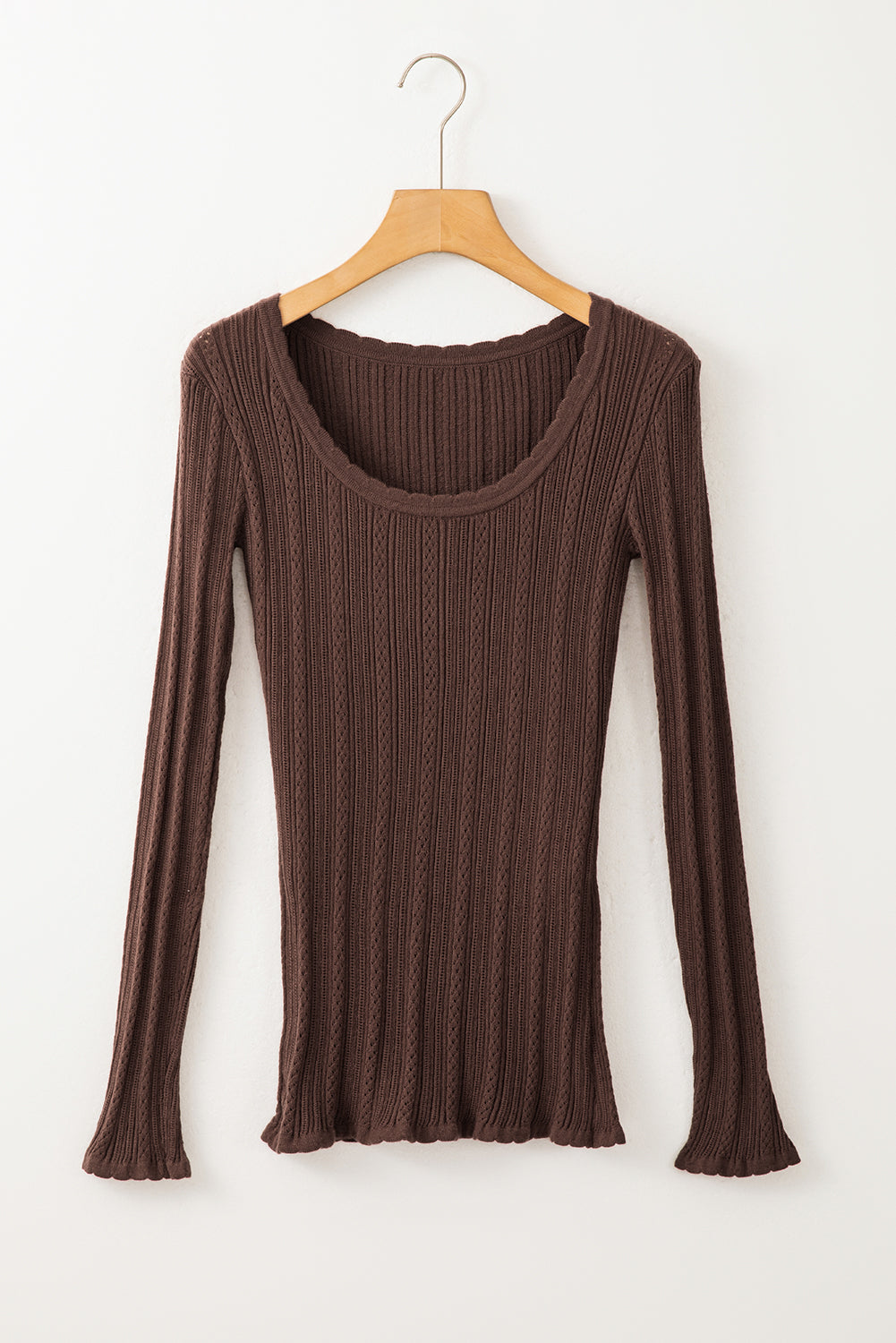 Solid Color Rib Knit U Neck Slim Fit Long Sleeve Top