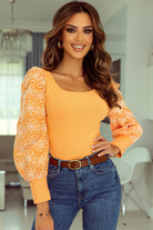 Flower Puff Sleeve Ribbed Knit Top