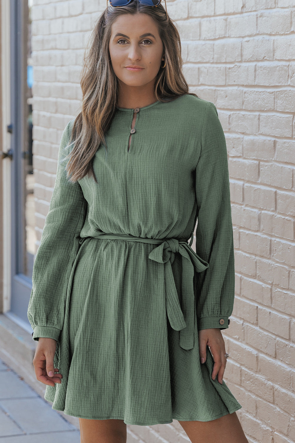 Button Neck Puff Sleeve Belted Pleated Mini Dress