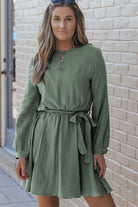 Button Neck Puff Sleeve Belted Pleated Mini Dress