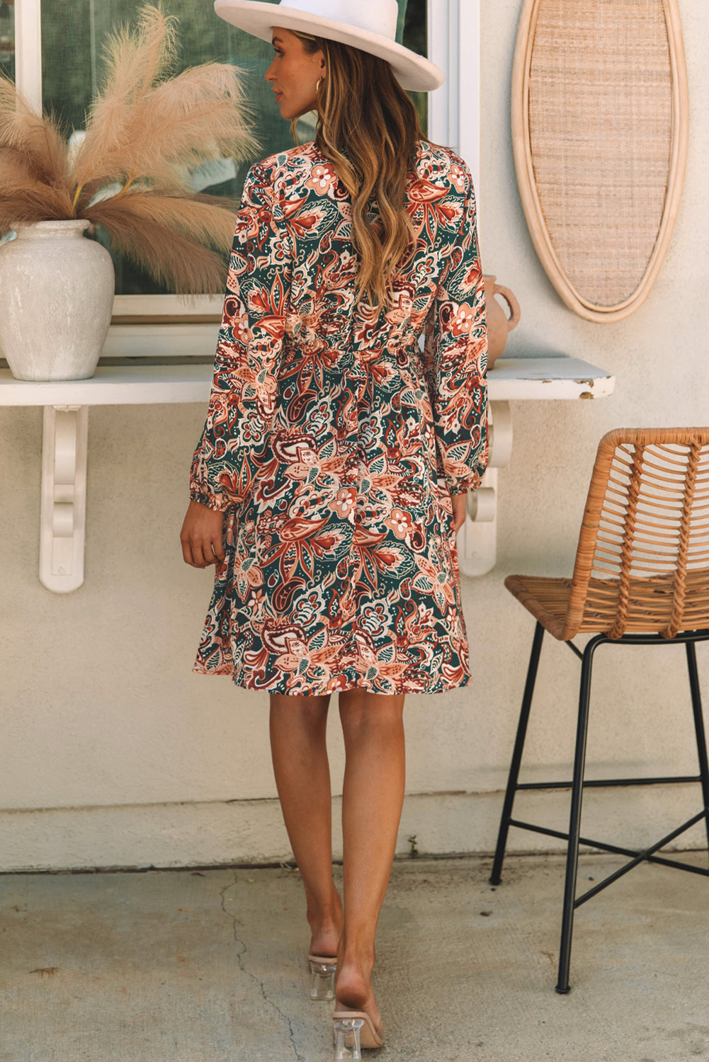 Geometric Print Long Sleeve Surplice Flowy Dress