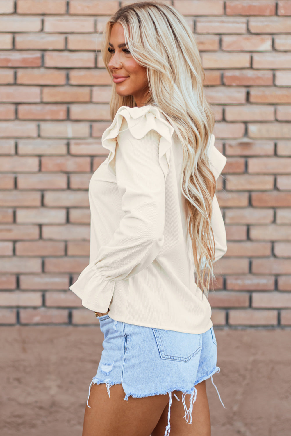 Ruffled Flounce Sleeve Corduroy Blouse