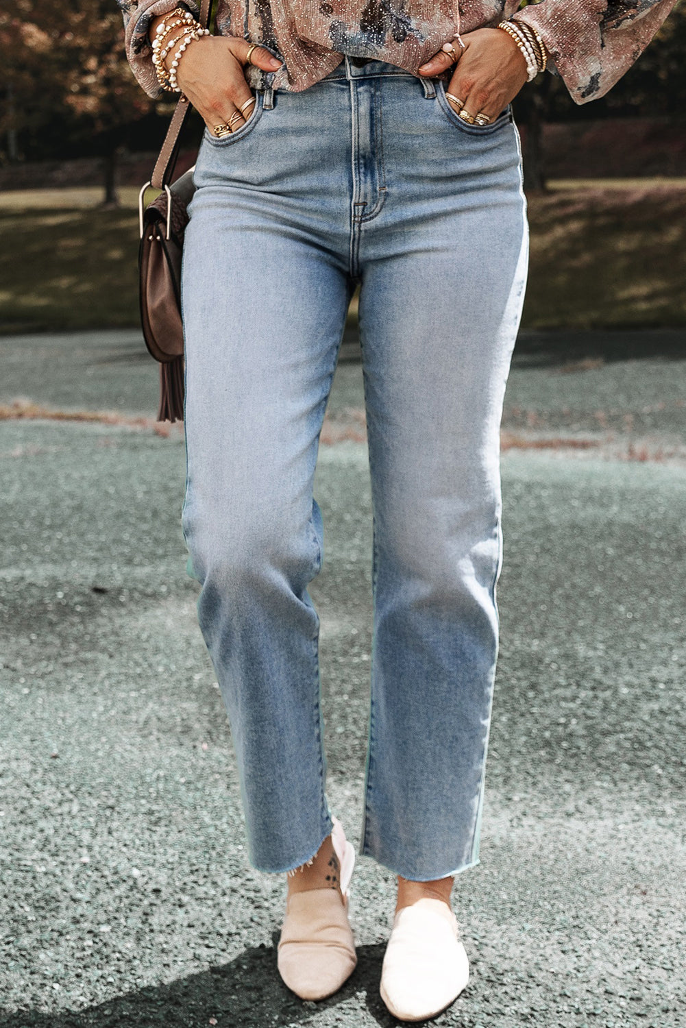 Light Blue Acid Wash Raw Edge Straight Jeans