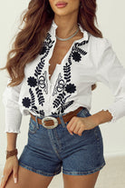 Floral Embroidered Shirred Sleeve Elegant Shirt