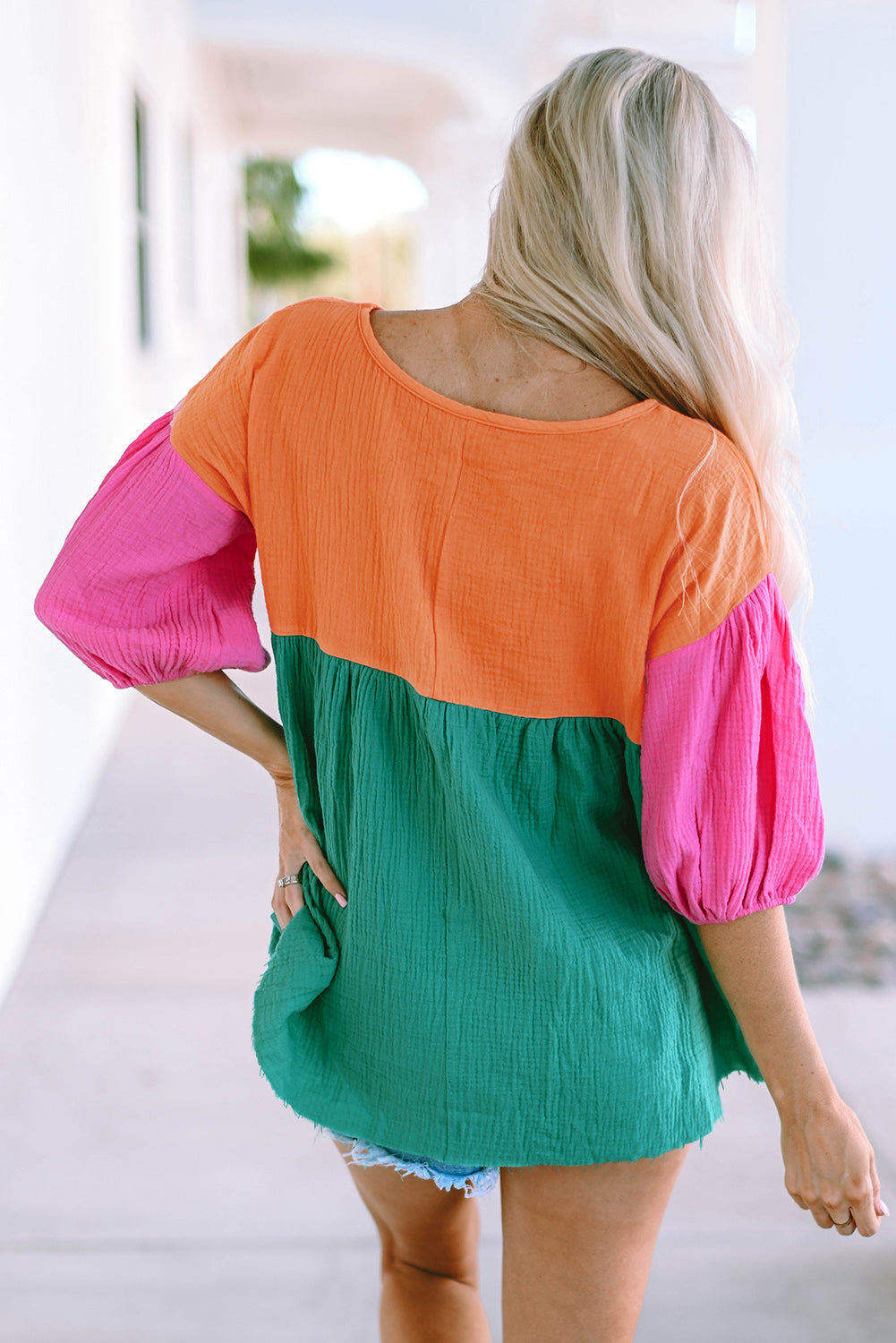 Crinkle Bubble Sleeve Color Block Blouse