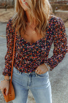 V Neck Bubble Sleeve Floral Blouse