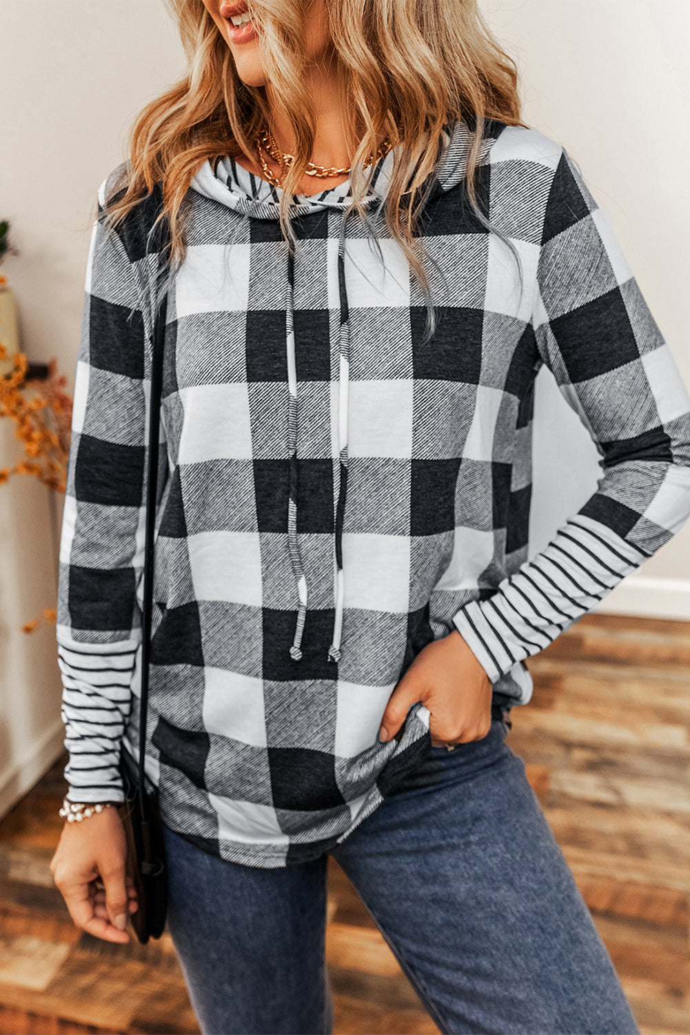 Plaid Striped Patchwork Drawstring Hoodie