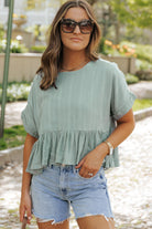 Textured Ruffled Hem Short Sleeve Blouse