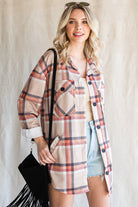 Khaki Chest Pockets Buttoned Oversized Plaid Shacket