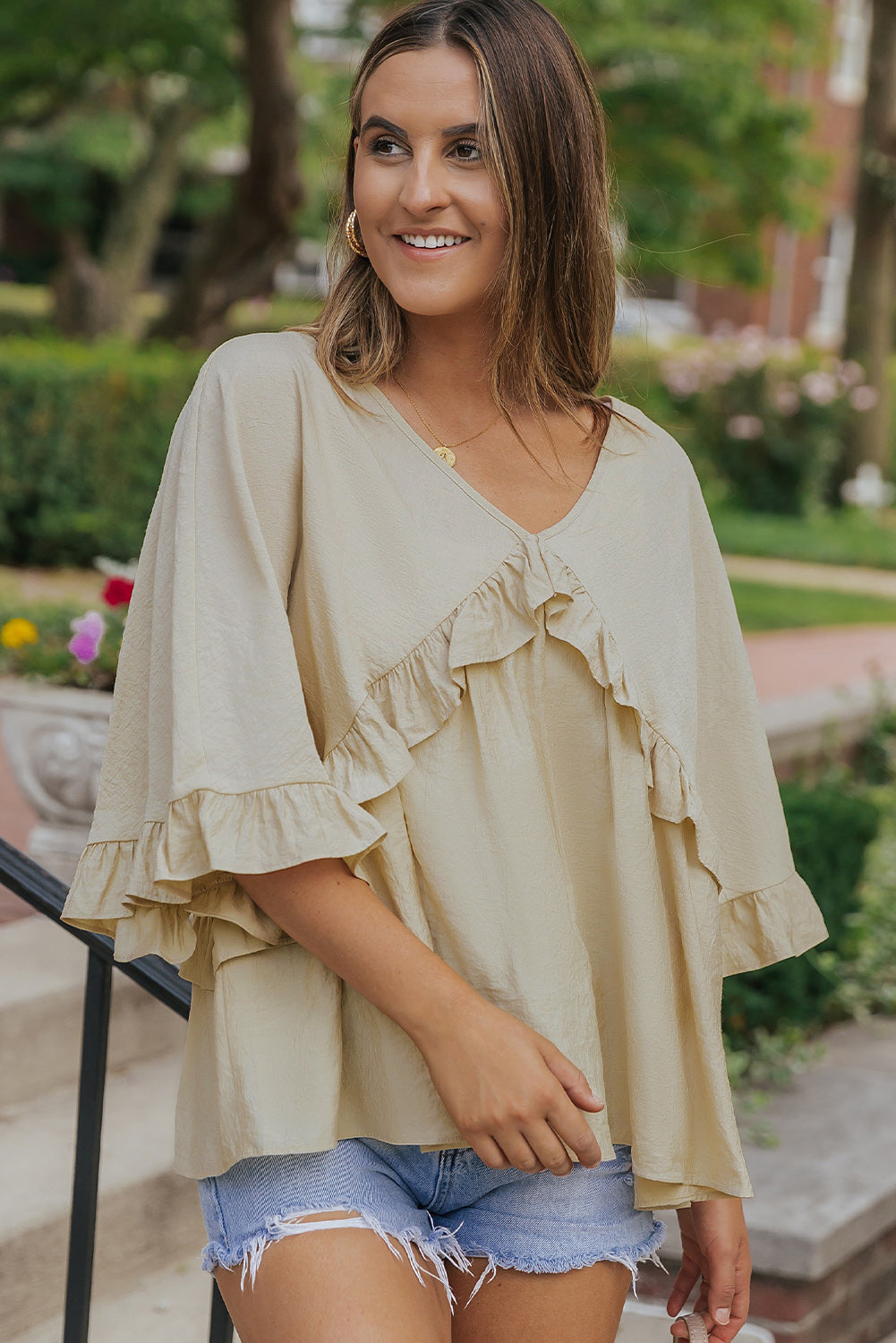 V Neck Draped Batwing Sleeve Ruffle Blouse