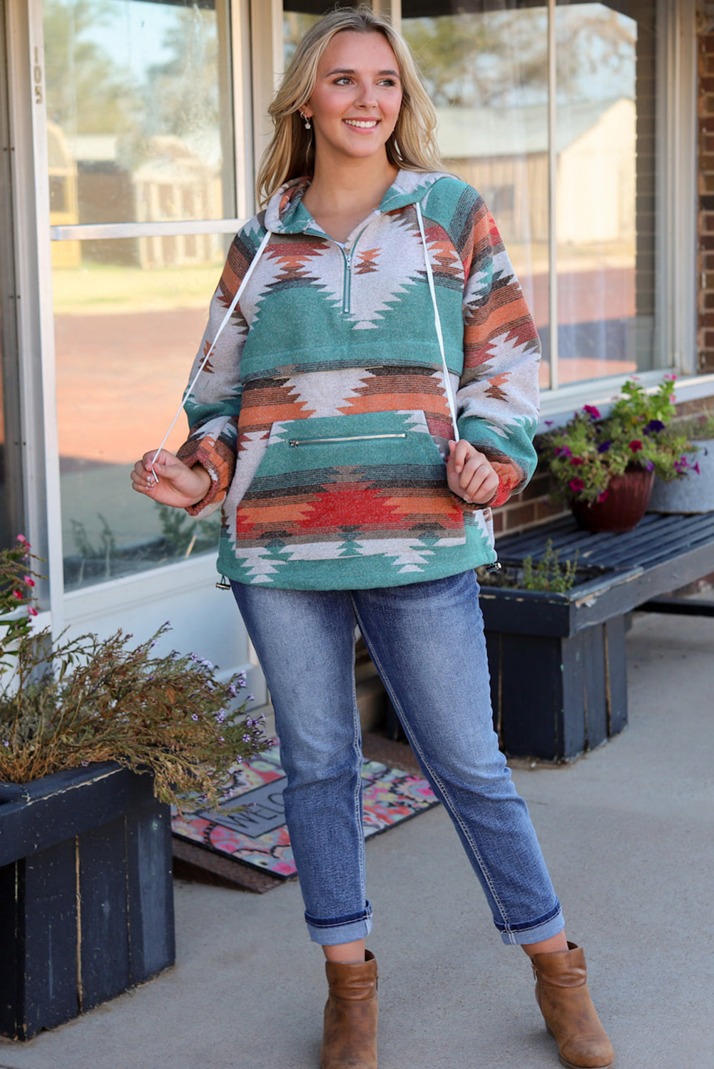 Aztec Print Zipped Split Neck Hoodie