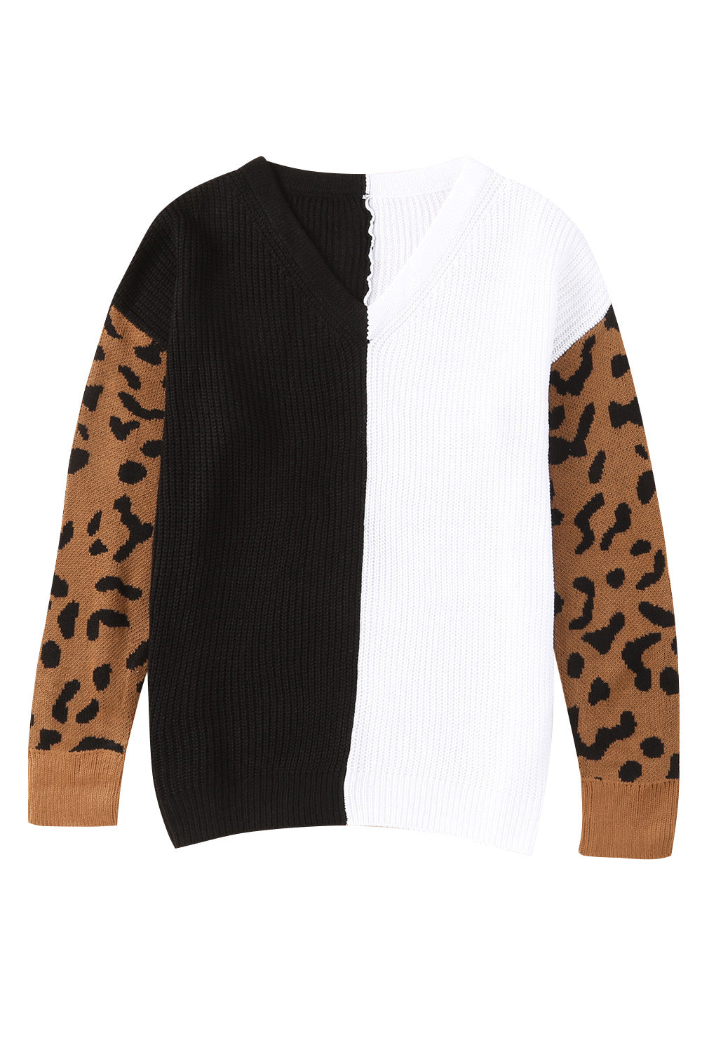 Leopard Print Contrast Color V Neck Sweater