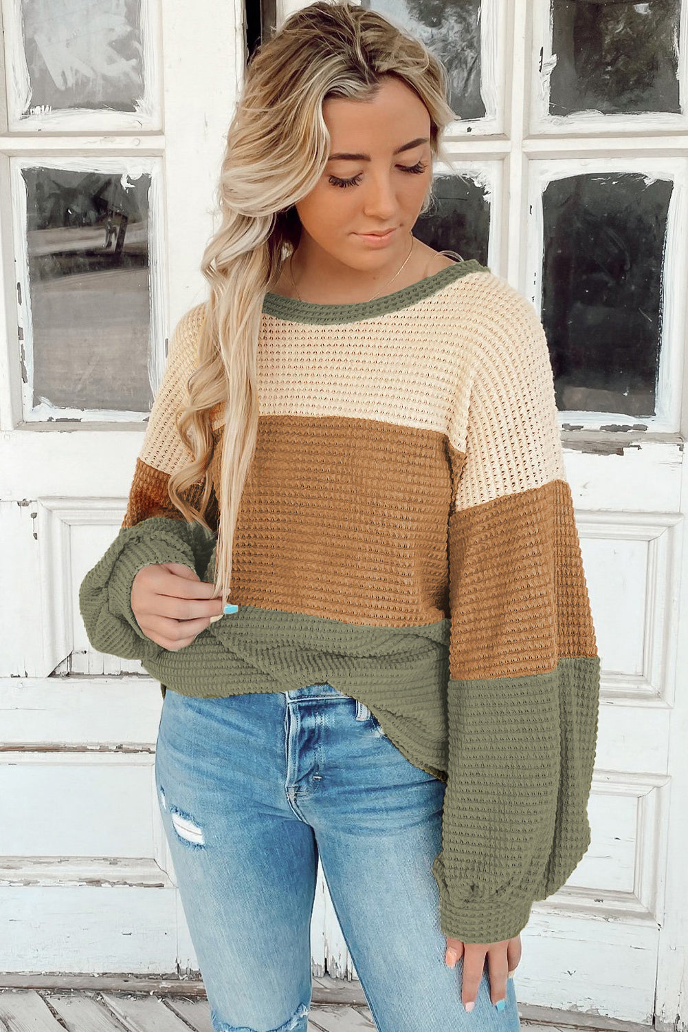 Textured Color Block Bubble Sleeve Baggy Top