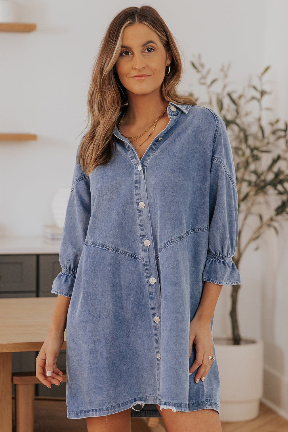 Buttoned Long Sleeve Denim Mini Dress