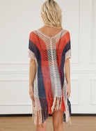 Striped Tassel Crochet V Neck Beach Cover Up