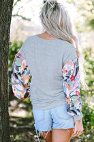 Floral Lantern Sleeve Patchwork Buttoned V Neck Top