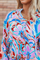 Abstract Print Frilly Neck Ruffled Sleeve Blouse