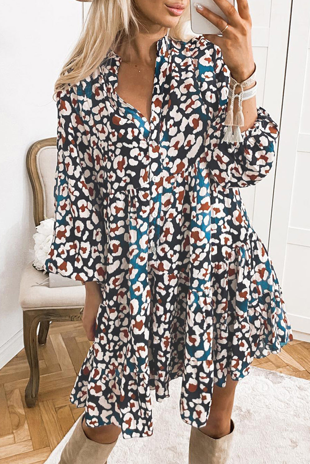 Leopard Print Bubble Sleeve Ruffled Shirt Dress