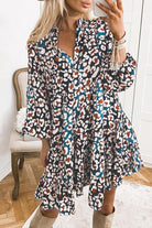 Leopard Print Bubble Sleeve Ruffled Shirt Dress