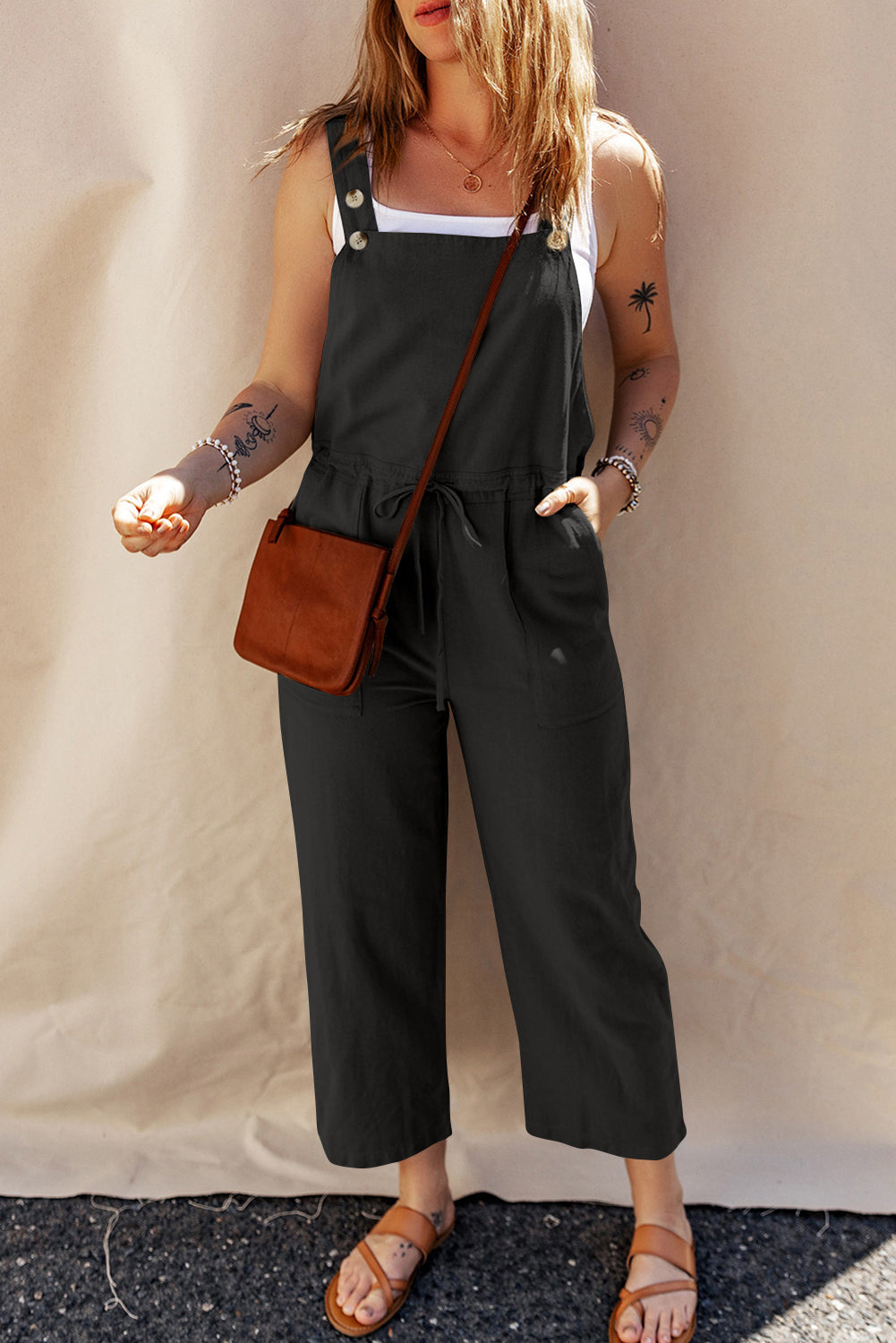 Drawstring Buttoned Straps Cropped Overall