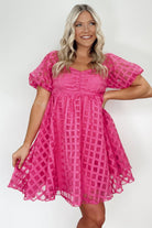 Checkered Puff Sleeve Babydoll Dress