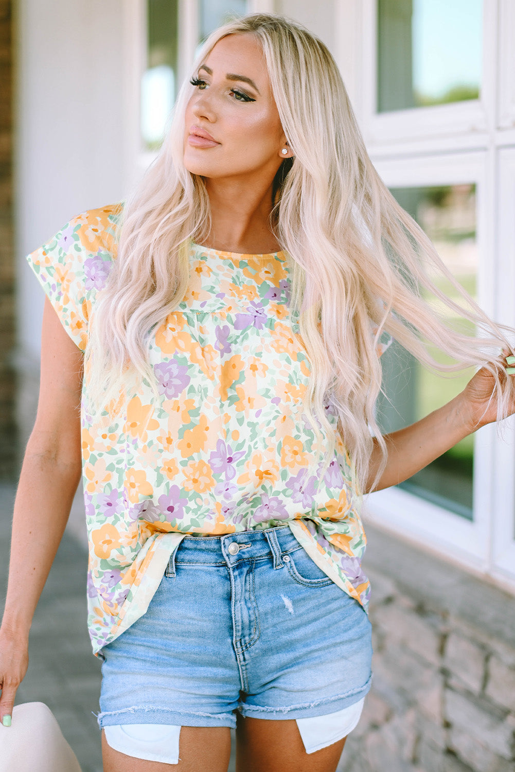 Floral Print Keyhole Back Short Sleeve Babydoll Blouse