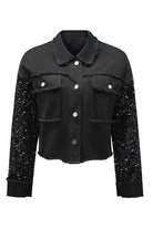 Sequin Sleeve Pocketed Raw Hem Denim Jacket