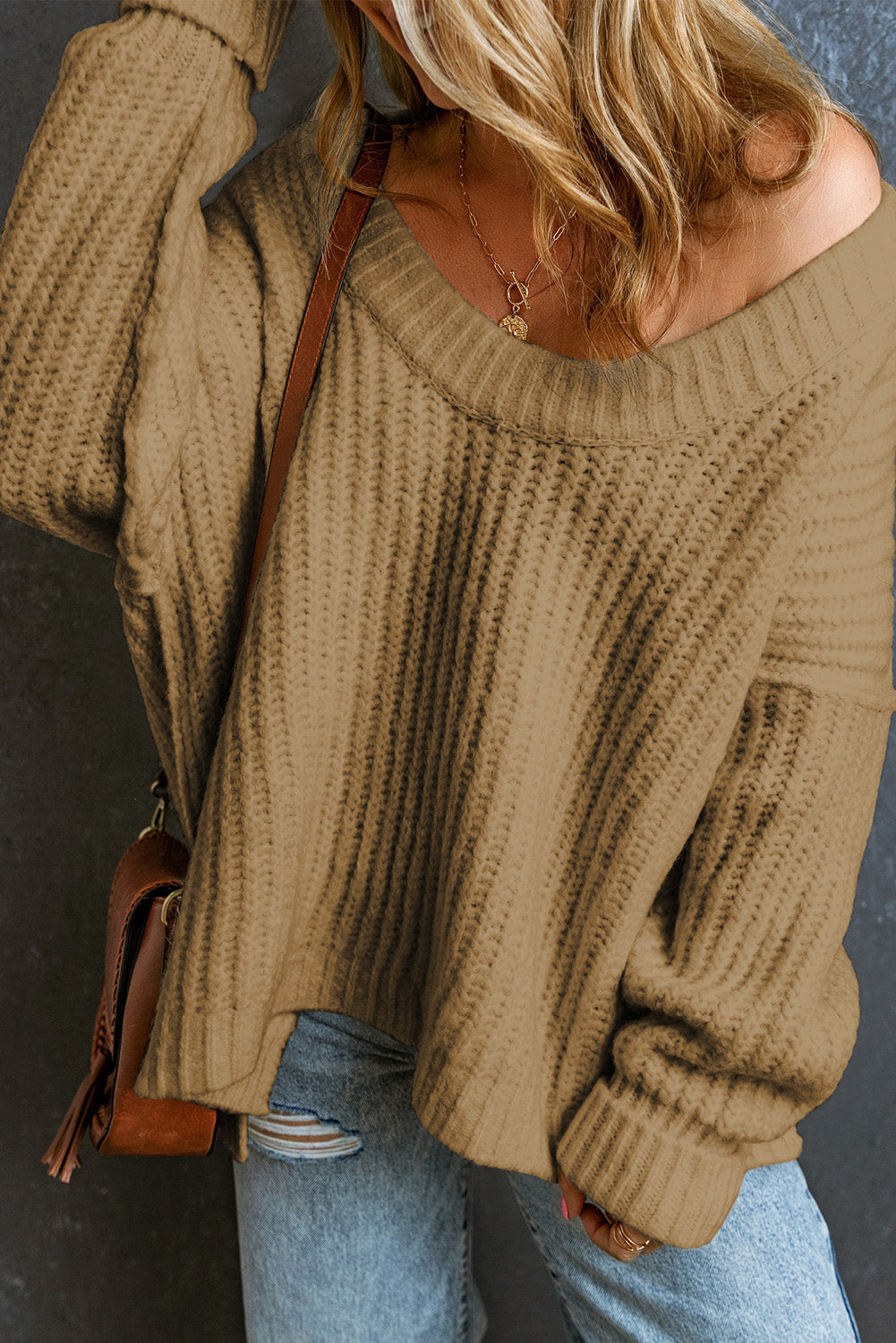 Khaki Ribbed Knit Round Neck Slouchy Chunky Sweater