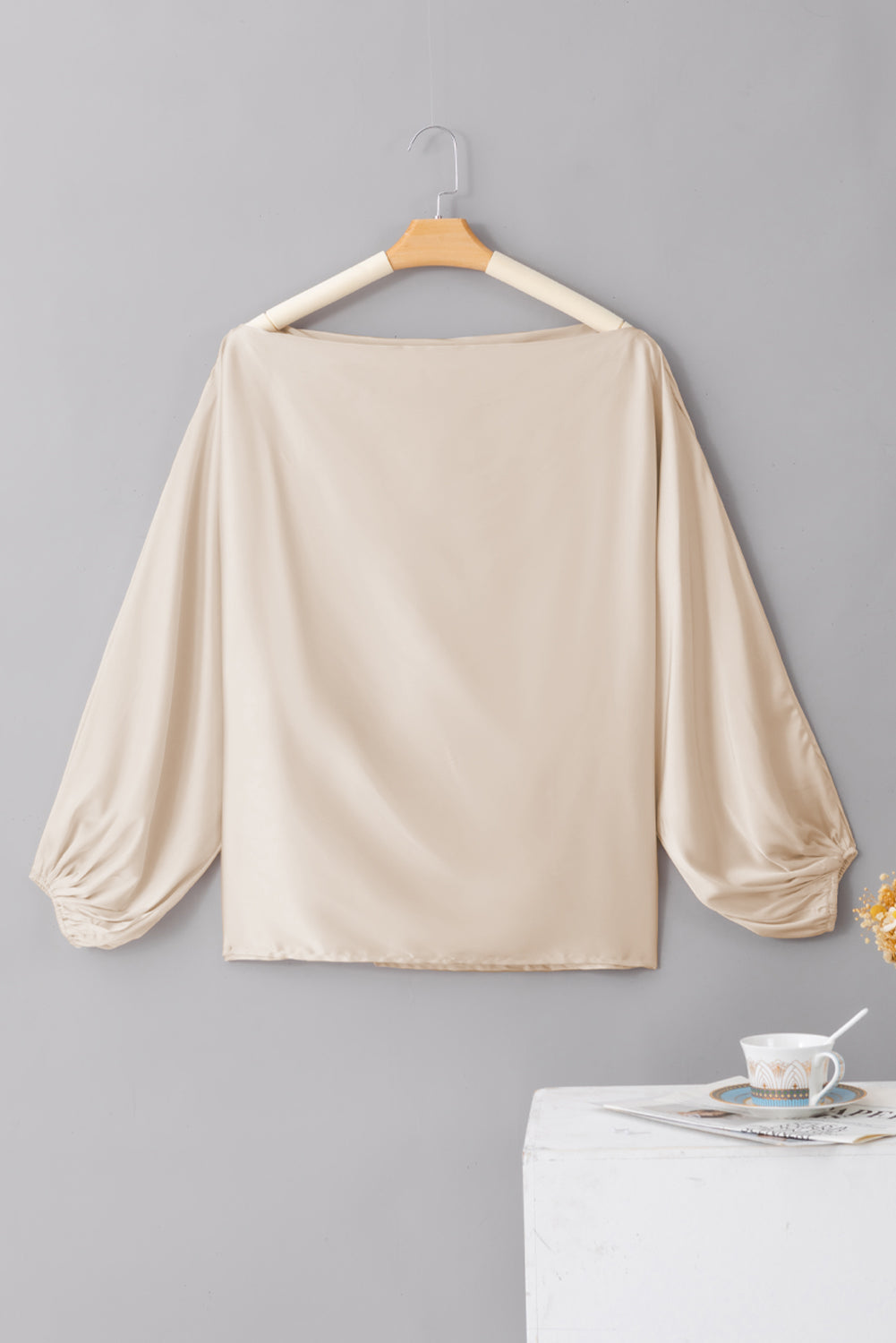 Asymmetrical Neck Balloon Sleeve Satin Blouse