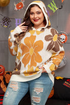 Large Flower Knitted Drawstring Hooded Plus Size Sweater