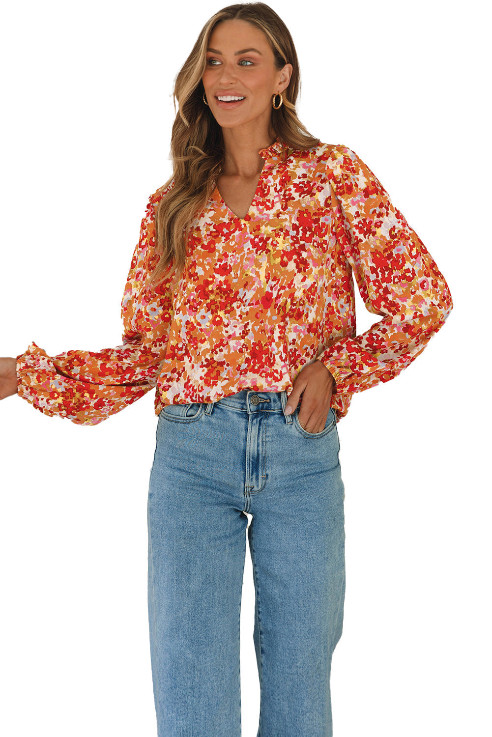 Frilled Split Neck Bubble Sleeve Floral Blouse