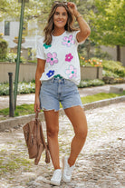 Sequined Flower Pattern Round Neck T Shirt