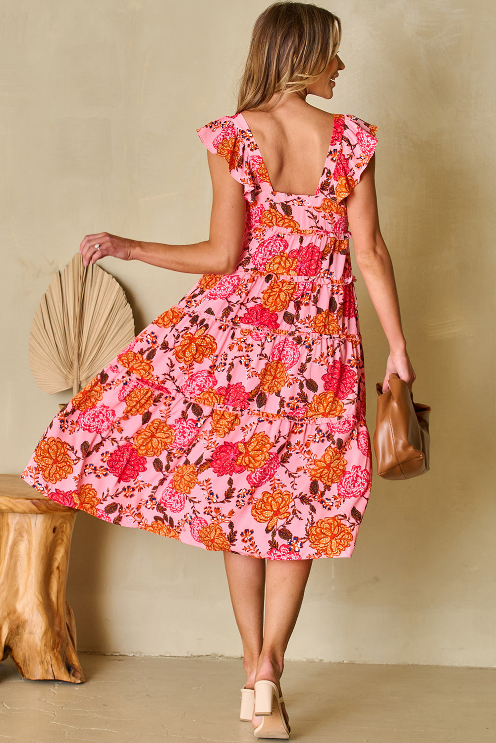 Floral Square Neck Ruffled Flutter Sleeve Tiered Midi Dress