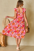 Floral Square Neck Ruffled Flutter Sleeve Tiered Midi Dress