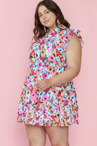 Floral Ruffled Cap Sleeve Plus Size Mini Dress