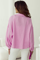 Solid Color Puff Sleeve Crinkled Shirt