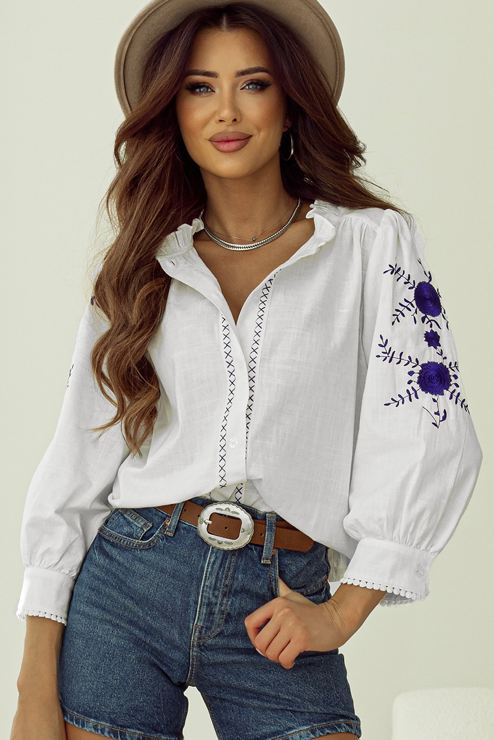 Floral Embroidered Bracelet Sleeve Shirt