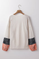 Floral Patchwork Textured Knit Drawstring V Neck Blouse