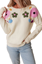 Knitted Flower Pattern Ribbed Edge Sweater