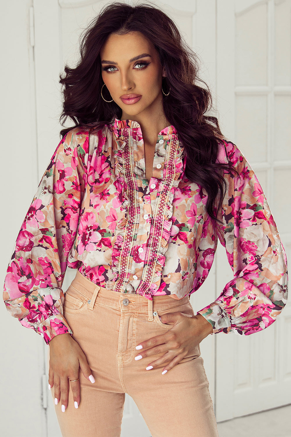 Floral Print Ruffled Stitch Buttoned Loose Fit Shirt